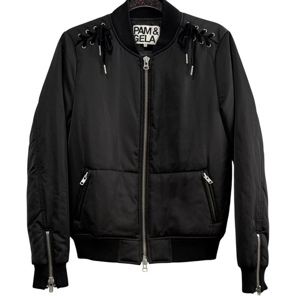 PAM & GELA Black Velvet Lace Up Corset Style Bomber Moto Jacket Medium - Picture 2 of 7